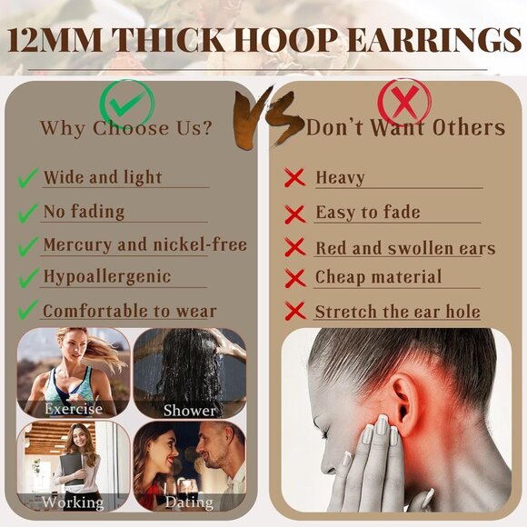 Women's Thick Hoop Plated Sterling Gold Lightweight Chunky Large Earrings - Picture 5 of 7